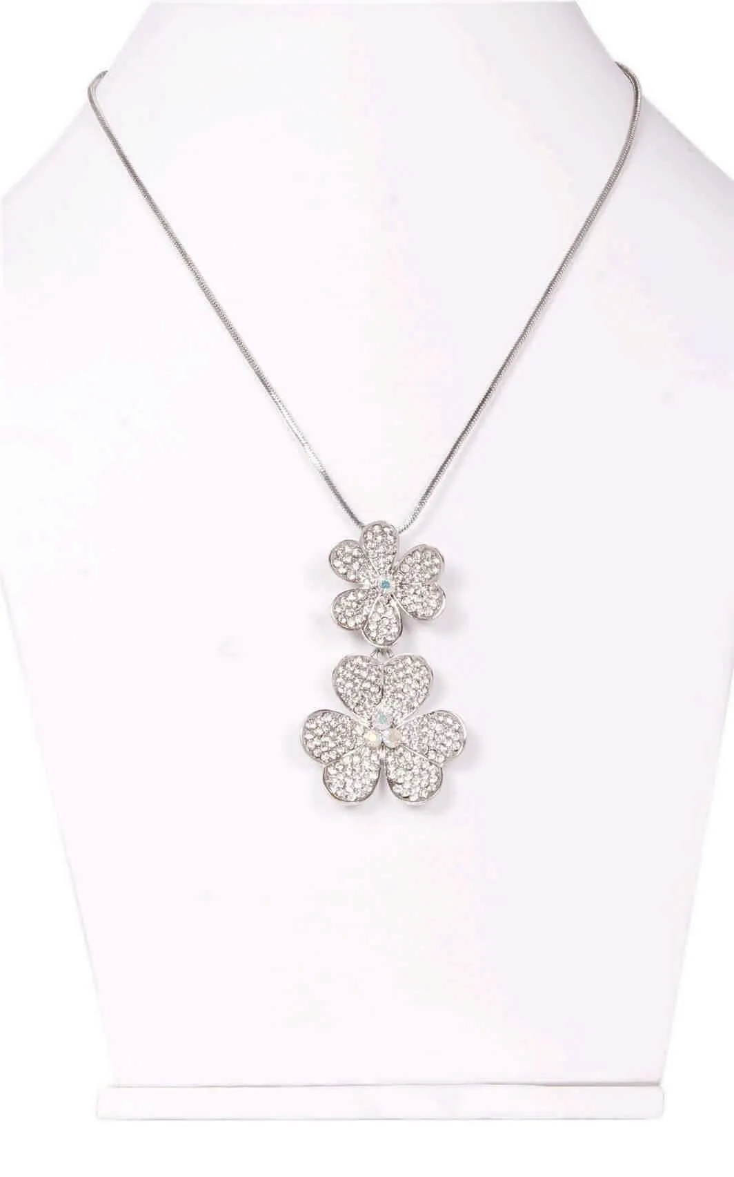 Rhinestones Studded Clover Leaf Design Imitation Fashion Metal Pendant with Long Chain
