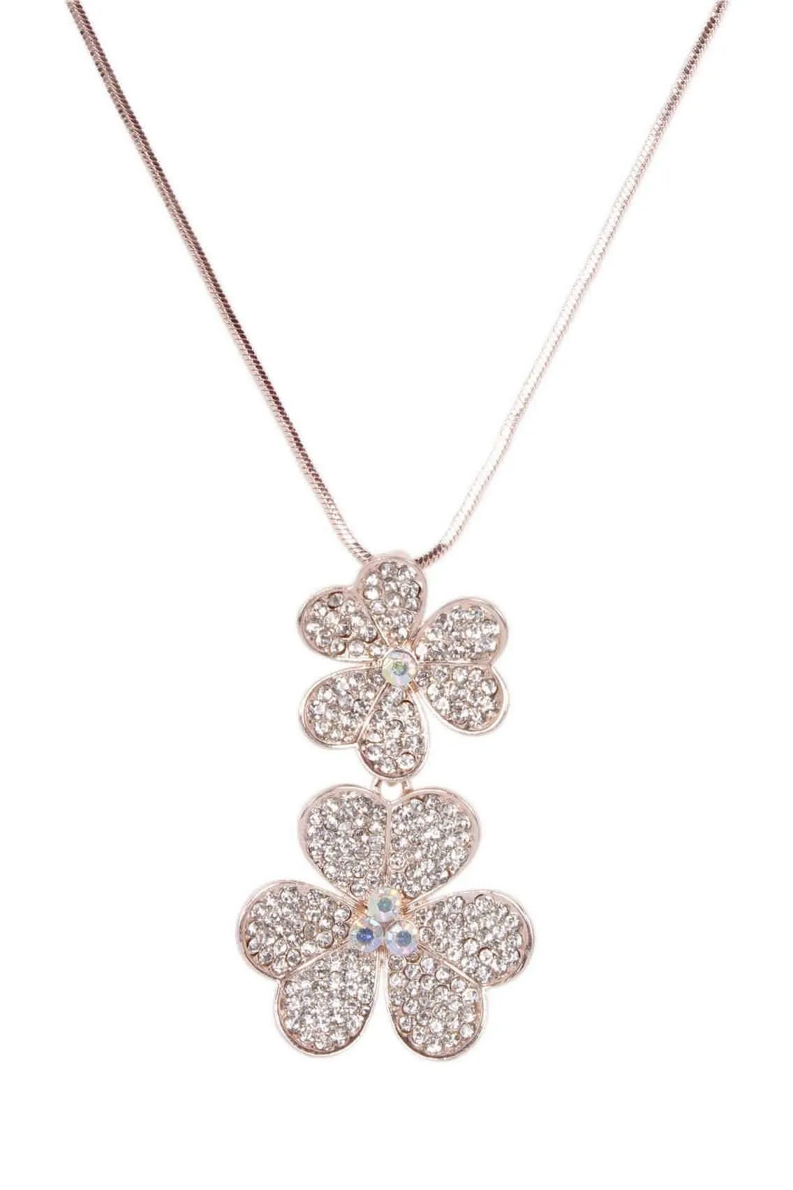 Rhinestones Studded Clover Leaf Design Imitation Fashion Metal Pendant with Long Chain