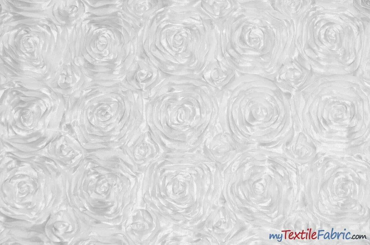 Rosette Satin Fabric | Wedding Satin Fabric | 54" Wide | 3d Satin Floral Embroidery | Multiple Colors | Wholesale Bolt |