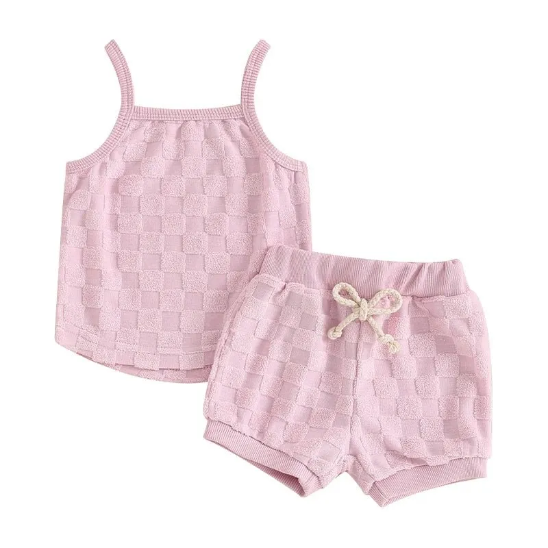 Summer Newborn Baby Girl   Solid Color Checkerboard Print Camisole Drawstring Shorts Set  Infant Toddler Clothes Casual Outfits