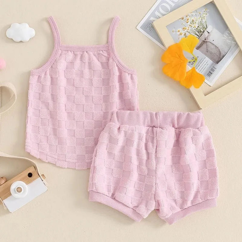 Summer Newborn Baby Girl   Solid Color Checkerboard Print Camisole Drawstring Shorts Set  Infant Toddler Clothes Casual Outfits