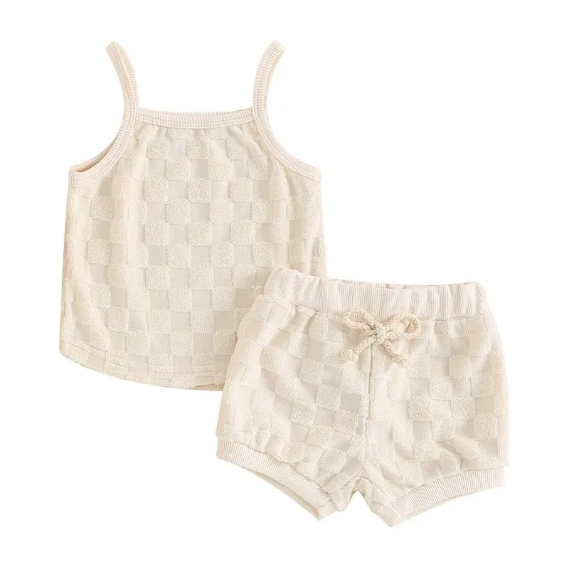 Summer Newborn Baby Girl   Solid Color Checkerboard Print Camisole Drawstring Shorts Set  Infant Toddler Clothes Casual Outfits