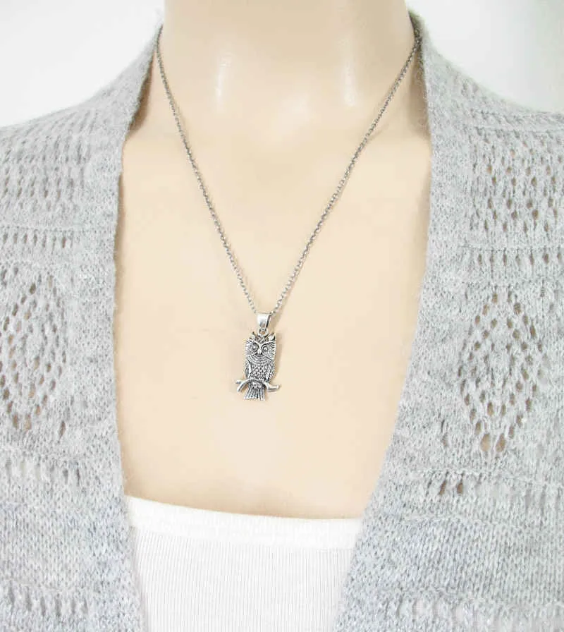 Watchful Horned Owl On Branch Oxidized Pendant
