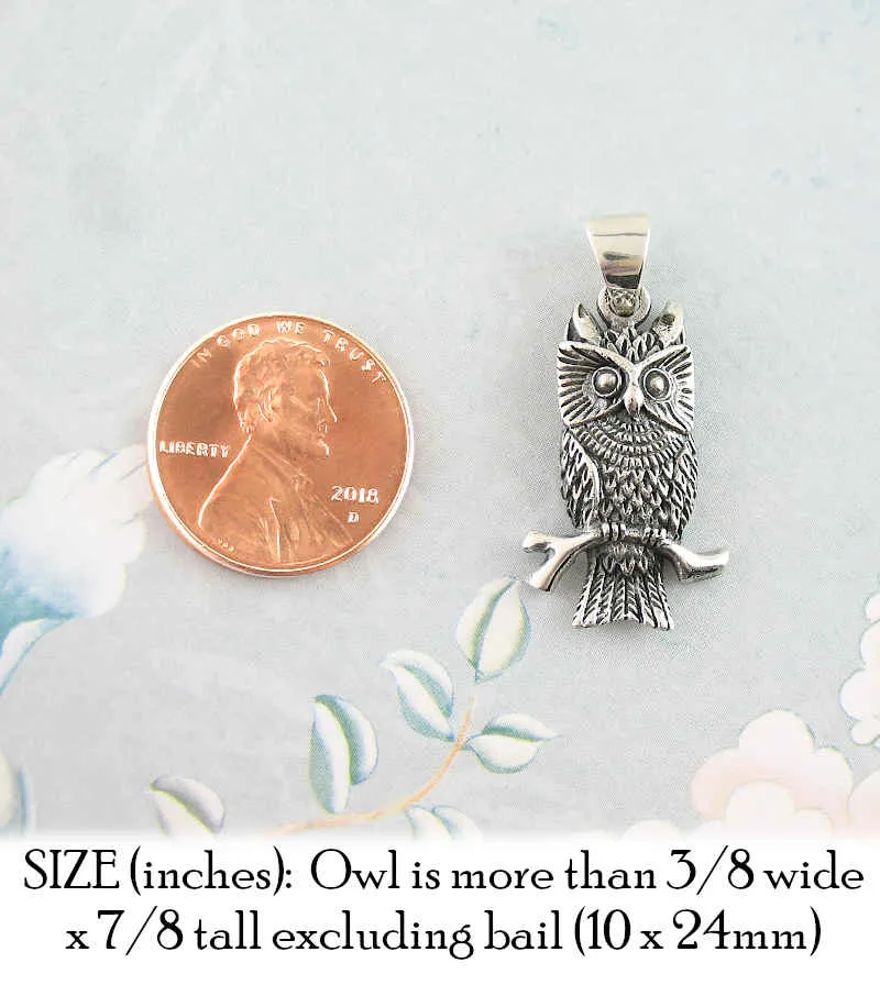 Watchful Horned Owl On Branch Oxidized Pendant