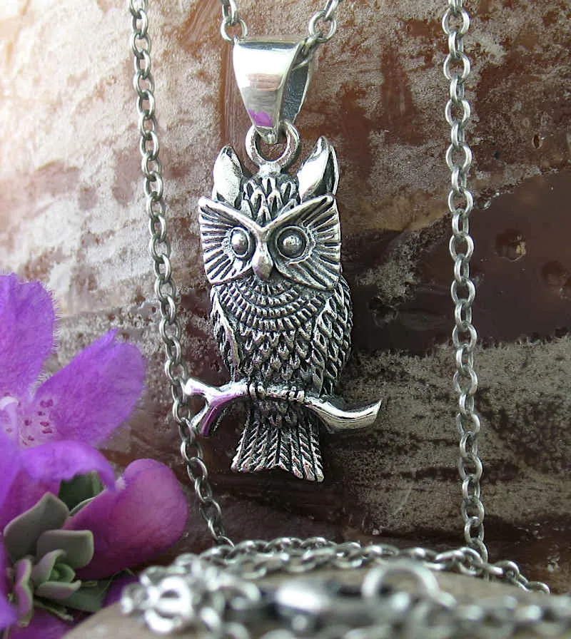 Watchful Horned Owl On Branch Oxidized Pendant
