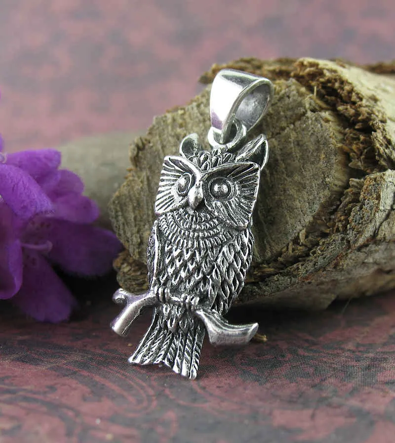 Watchful Horned Owl On Branch Oxidized Pendant