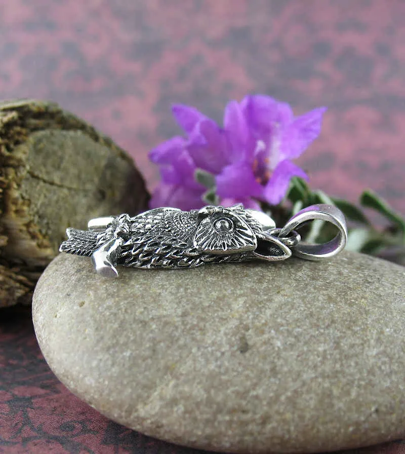 Watchful Horned Owl On Branch Oxidized Pendant