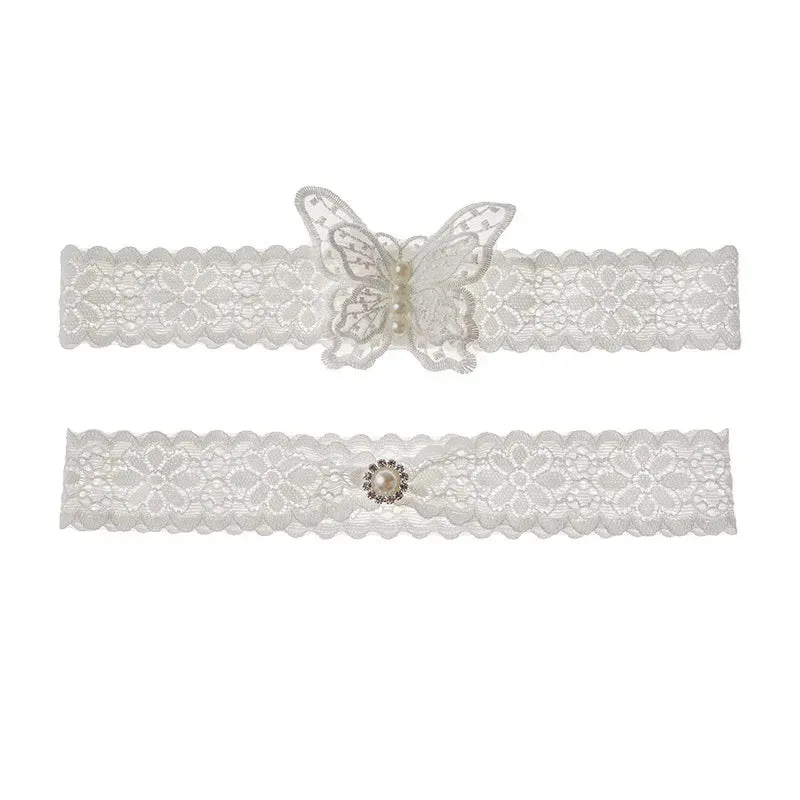 White Butterfly Wedding Bridal Garter Bride Stretch Belt with Pearls Leg Ring Costume for Women and Girls