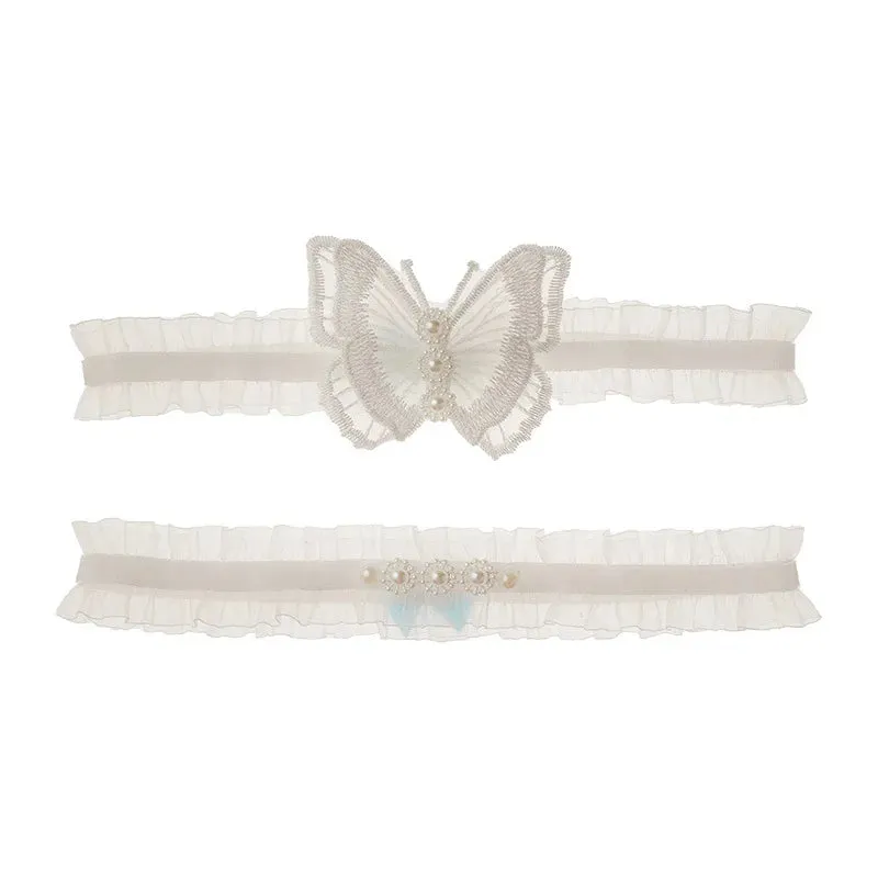 White Butterfly Wedding Bridal Garter Bride Stretch Belt with Pearls Leg Ring Costume for Women and Girls