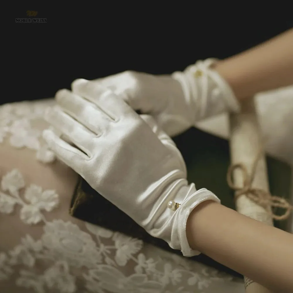 Women Wedding Bridal Short Gloves Satin Full Finger Wrist Length Costume Prom Party Gloves