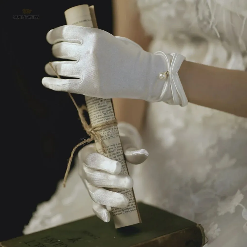 Women Wedding Bridal Short Gloves Satin Full Finger Wrist Length Costume Prom Party Gloves