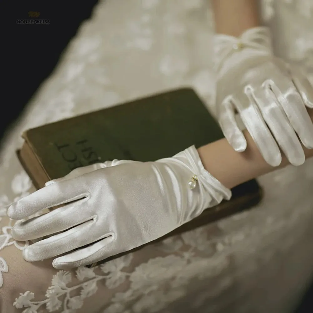 Women Wedding Bridal Short Gloves Satin Full Finger Wrist Length Costume Prom Party Gloves