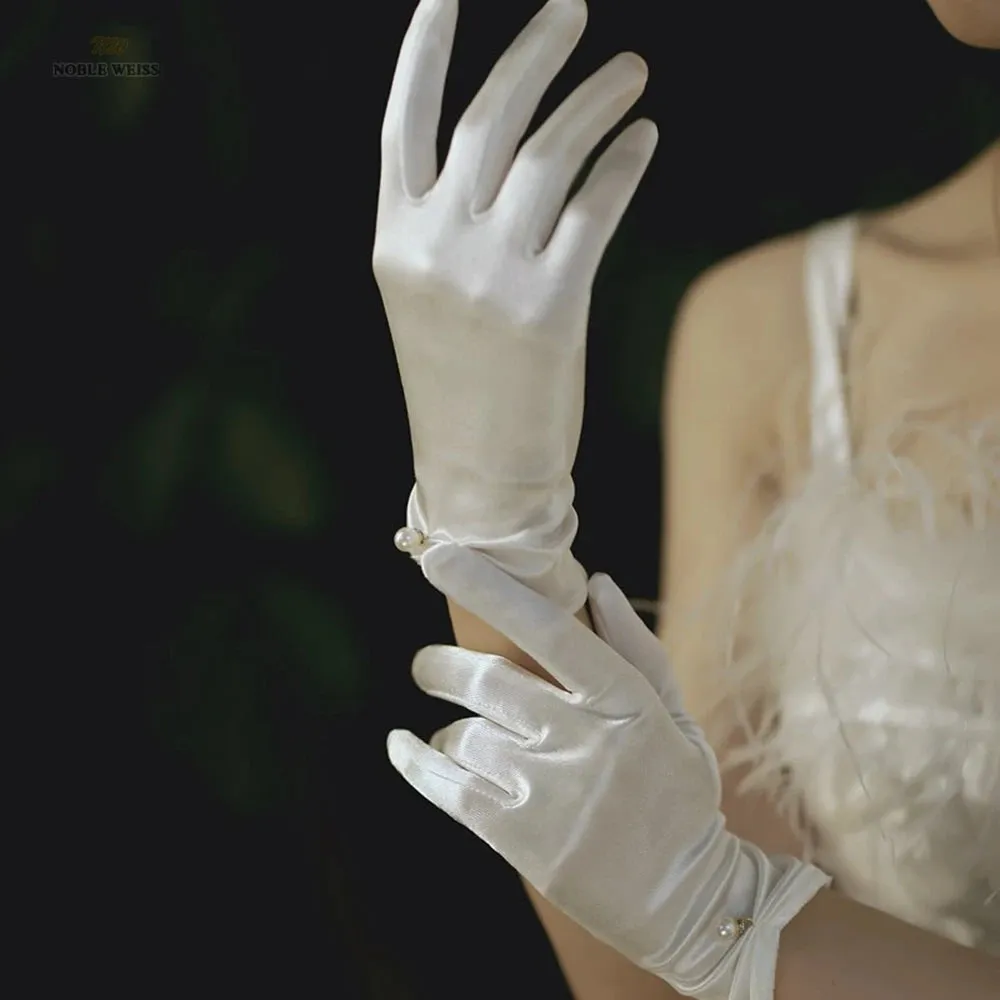 Women Wedding Bridal Short Gloves Satin Full Finger Wrist Length Costume Prom Party Gloves
